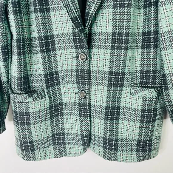 Vintage mint green grey plaid wool preppy button boyfriend blazer medium - Picture 3 of 6